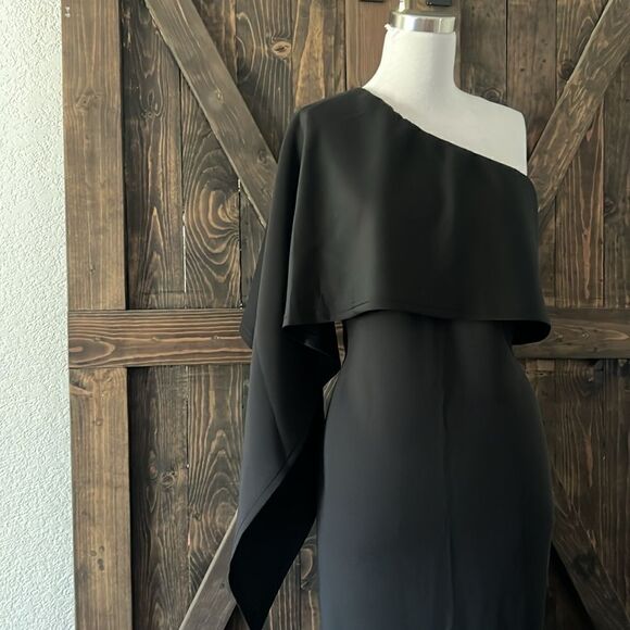 Elegant One Shoulder Layered Irregular Sleeve Black  Midi Dress - Picture 5 of 13